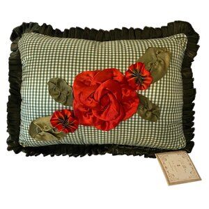 Green Satin Gingham Pillow Red Floral Ribbon Embroidery Floral Rhein Silvestri